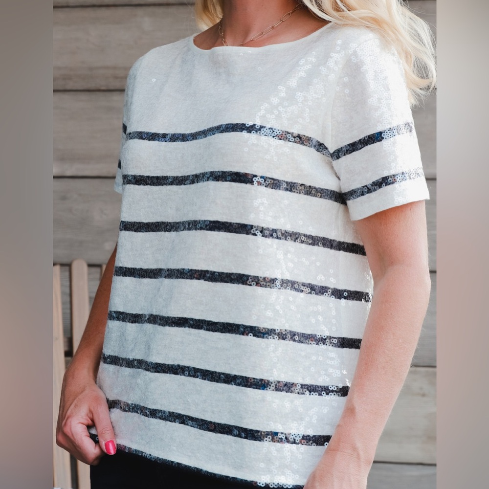 Express White & Navy Stripped Sequin Top